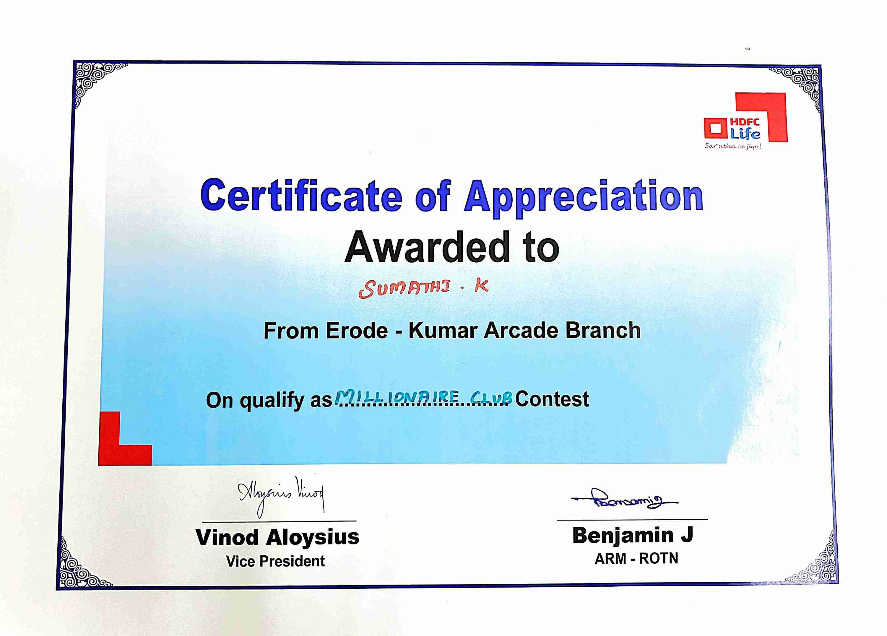 HDFC LIFE - MILLIONAIRE CLUB CERTIFICATE