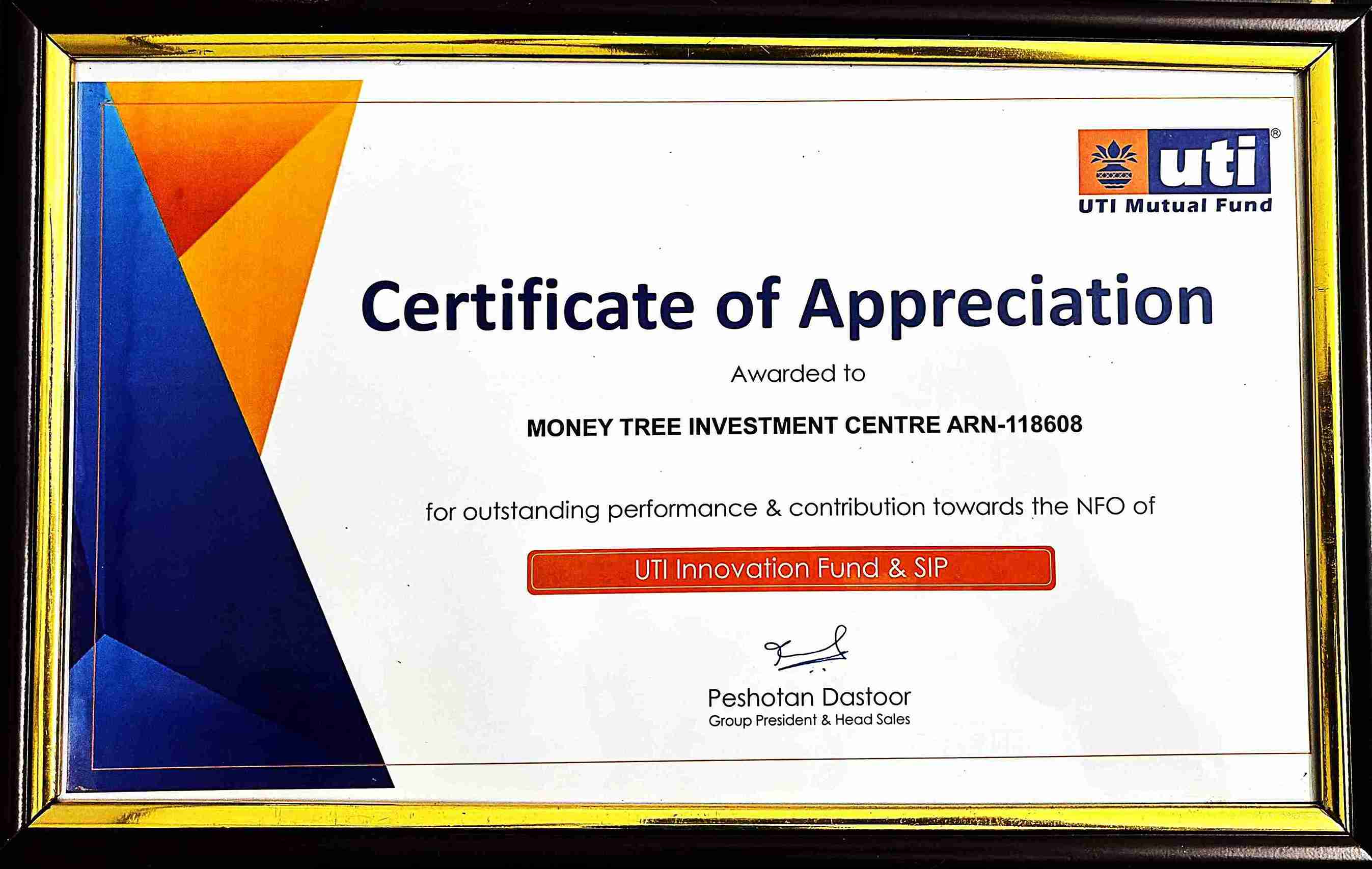 UTI INNOVATION FUND NFO ACHIEVEMENT CERTIFICATE